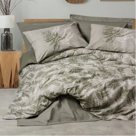 Σετ παπλωματοθήκη Frond Cotton Box 4 τμχ Διπλή (200x220) χρώμα χακί