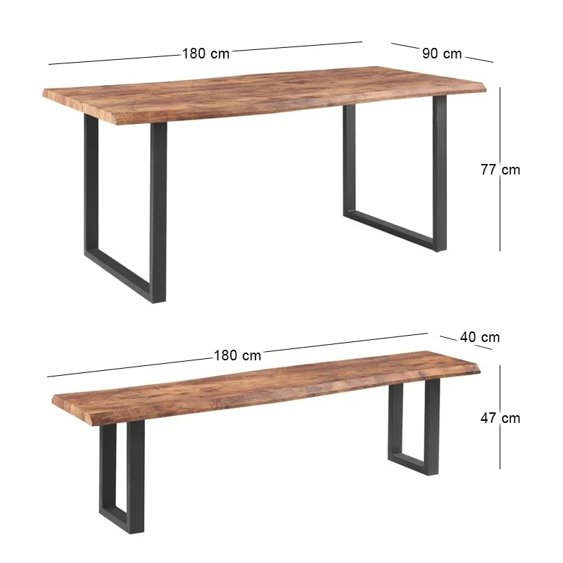 LIZARD 3D PAPER Set (Table 180x90cm+2 Benches) Steel Black/Dark Acacia