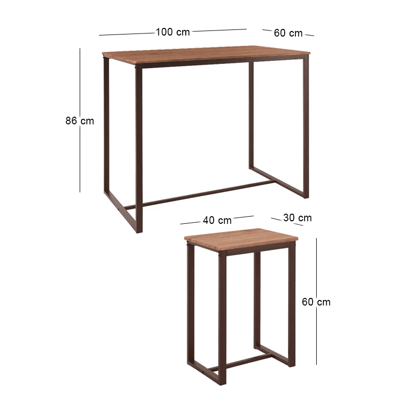 HENRY Set (Bar Table 100x60cm+4 Bar Stools) Metal D.Brown/Walnut