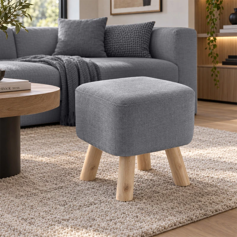 WOODEN STOOL WITH GREY CUSHION TOP 30X33CM