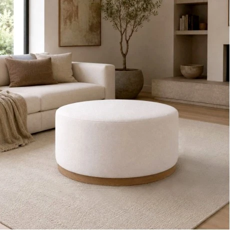 CIRCLE STOOL WITH CREAM CUSHION ON WOODEN BASE 80X80X41CM