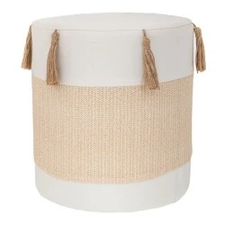 WHITE CRΘME FABRIC STOOL WITH TASSELS D34X37CM WHITE CRΘME FABRIC STOOL WITH TASSELS D34X37CM