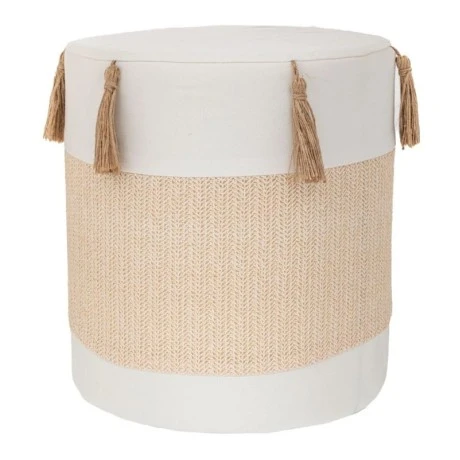 WHITE CRΘME FABRIC STOOL WITH TASSELS D34X37CM