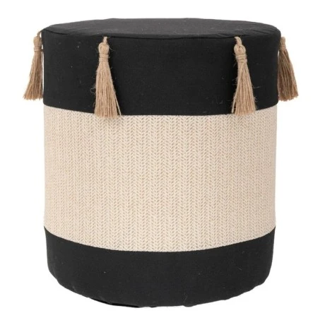 BLACK CRΘME FABRIC STOOL WITH TASSELS D34X37CM