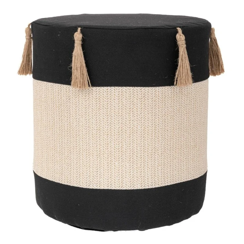 BLACK CRΘME FABRIC STOOL WITH TASSELS D34X37CM