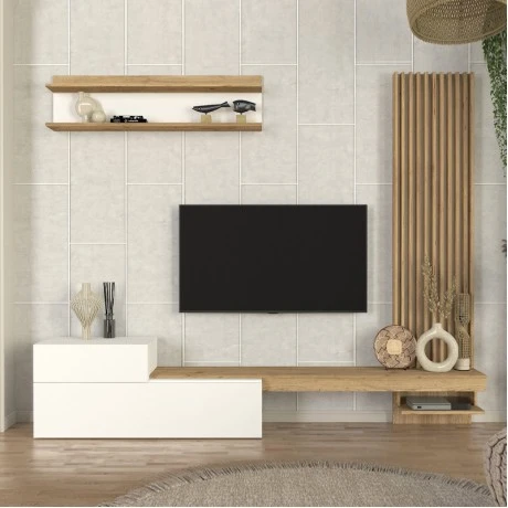 Dumont Megapap melamine tv unit in white - sepet oak color 240x36.8x200cm.