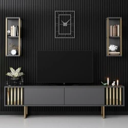 Goldline Megapap melamine tv unit in anthracite - gold color 180x30x48cm. Goldline Megapap melamine tv unit in anthracite - gold color 180x30x48cm.