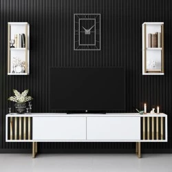Goldline Megapap melamine tv unit in white - gold color 180x30x48cm. Goldline Megapap melamine tv unit in white - gold color 180x30x48cm.