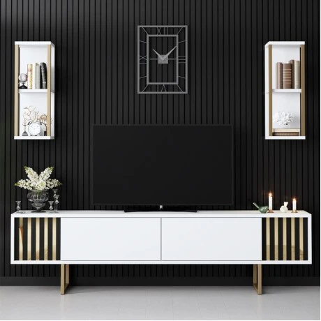 Σύνθεση τηλεόρασης Goldline Megapap χρώμα λευκό - χρυσό 180x30x48εκ.