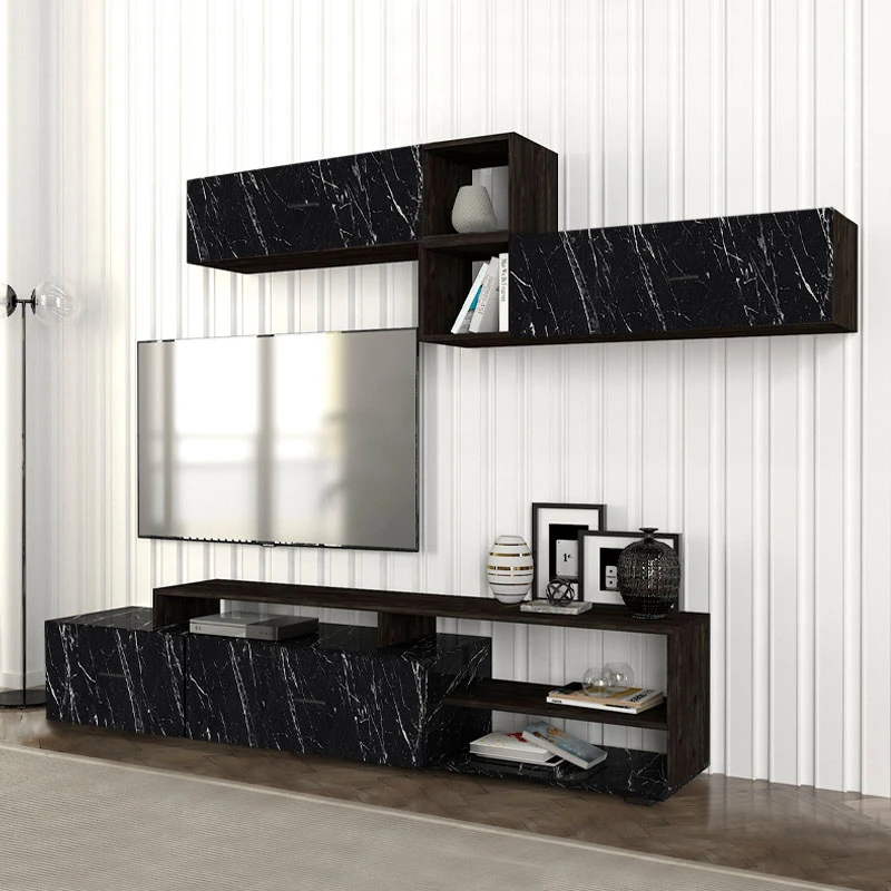 Grill Megapap melamine TV unit in black marble effect color 220x35x47,5cm.