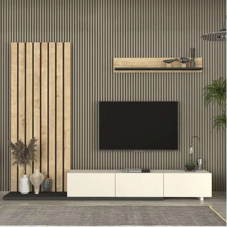Nagini Megapap melamine tv unit in ivory - sapphire oak - anthracite color 260x39.4x203.6cm.