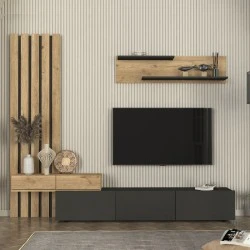 Rosaline Megapap melamine tv unit in anthracite - sepet oak color 233x31.3x196.8cm. Rosaline Megapap melamine tv unit in anthracite - sepet oak color 233x31.3x196.8cm.