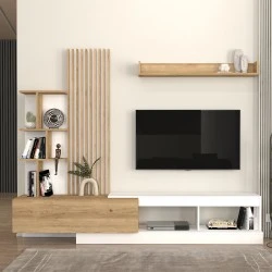 Vermont Megapap melamine tv unit in white - sepet oak color 240x40x192cm. Vermont Megapap melamine tv unit in white - sepet oak color 240x40x192cm.