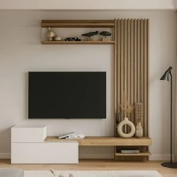 Dumont Megapap melamine tv unit in white - sepet oak color 180x36,8x200cm. Dumont Megapap melamine tv unit in white - sepet oak color 180x36,8x200cm.