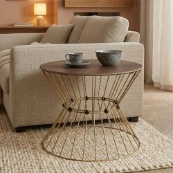 Girene Megapap metal - MDF coffee table in gold - walnut Ø55x42cm. Girene Megapap metal - MDF coffee table in gold - walnut Ø55x42cm.
