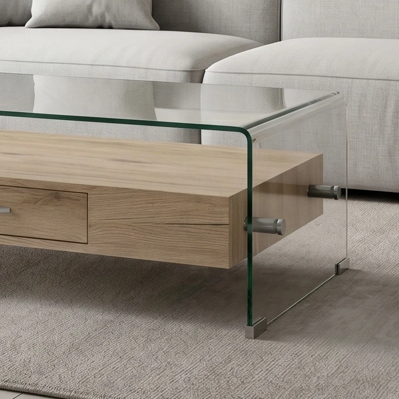GLASSER Wood Coffee Table with shelf Clear 12mm Glass 110x55x35cm