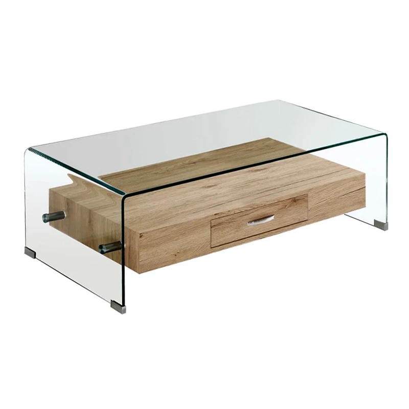 GLASSER Wood Coffee Table with shelf Clear 12mm Glass 110x55x35cm