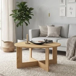 Kati Megapap melamine coffee table in oak color Ø80x42cm. Kati Megapap melamine coffee table in oak color Ø80x42cm.