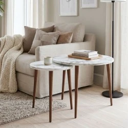 Nola Megapap melamine coffee table 2 pieces in white marble effect color Ø60x46cm. Nola Megapap melamine coffee table 2 pieces in white marble effect color Ø60x46cm.