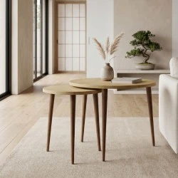Nola Megapap melamine coffee table 2 pieces in sapphire oak color Ø60x46cm. Nola Megapap melamine coffee table 2 pieces in sapphire oak color Ø60x46cm.