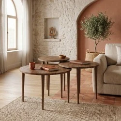 Nola Megapap melamine coffee table 3 pieces in walnut color Ø60x46cm. Nola Megapap melamine coffee table 3 pieces in walnut color Ø60x46cm.