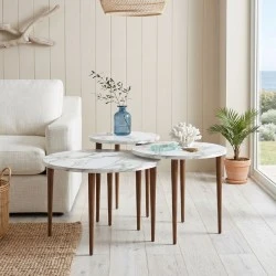 Nola Megapap melamine coffee table 3 pieces in white marble effect color Ø60x46cm. Nola Megapap melamine coffee table 3 pieces in white marble effect color Ø60x46cm.