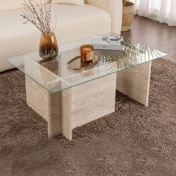 Vetrino Megapap melamine - tempered glass coffee table in travertine color 105x65x40cm. Vetrino Megapap melamine - tempered glass coffee table in travertine color 105x65x40cm.