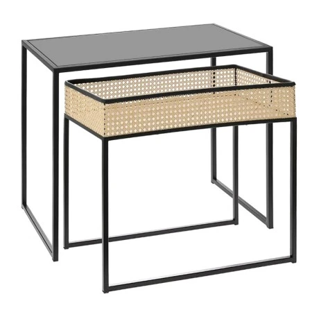DECO SET 2 STORAGE COFFEE TABLE IN BLACK W NATURAL RATTAN VIENNA WEBBING