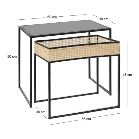 DECO SET 2 STORAGE COFFEE TABLE IN BLACK W NATURAL RATTAN VIENNA WEBBING