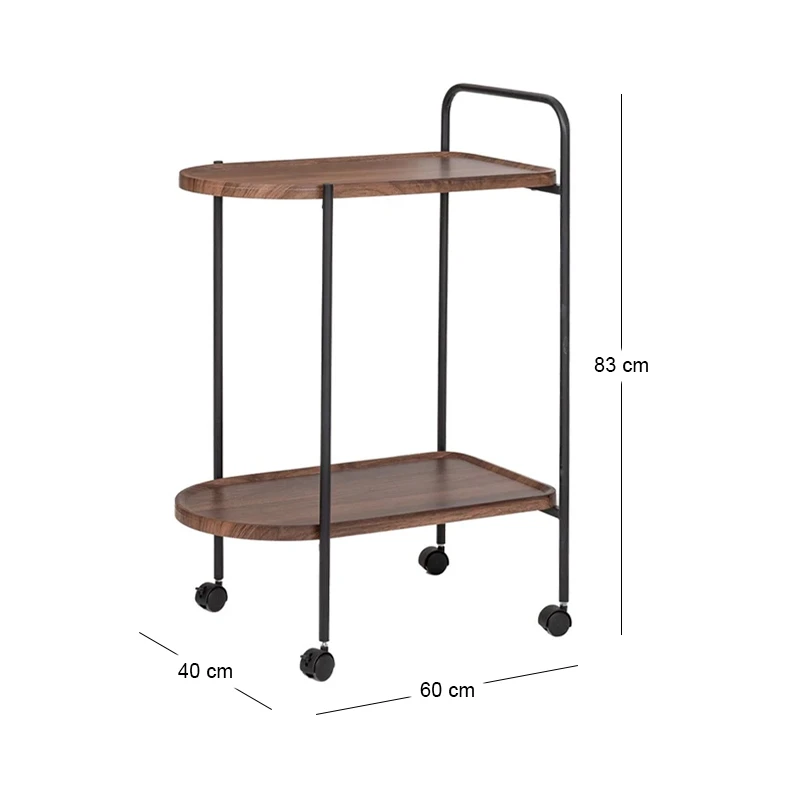 BROWN TWO-STORY TABLE TROLLEY MDF WITH BLACK METAL SKELETON 60X40X83CM