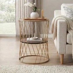 Jaspin Megapap metallic - Mdf side table in golden - walnut color 32x32x44cm. Jaspin Megapap metallic - Mdf side table in golden - walnut color 32x32x44cm.