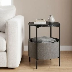 Kalid Megapap melamine- fabric side table in black marble effect - grey color 43x43x60cm. Kalid Megapap melamine- fabric side table in black marble effect - grey color 43x43x60cm.