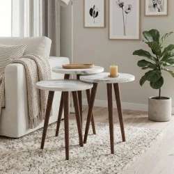 Cruz Megapap melamine side table 3 pieces in white marble effect color Ø33x46cm. Cruz Megapap melamine side table 3 pieces in white marble effect color Ø33x46cm.