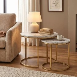 Gary Megapap Mdf/metallic coffee tables in beige marble effect - gold color 65x65x44cm. Gary Megapap Mdf/metallic coffee tables in beige marble effect - gold color 65x65x44cm.