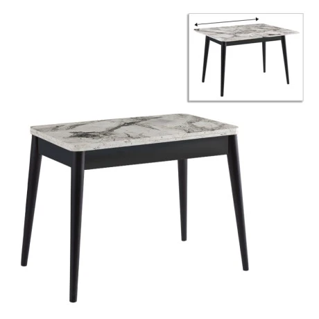 Dolunay Megapap melamine extendable table in white marble - black color 100x60(120x100)x79,5cm.