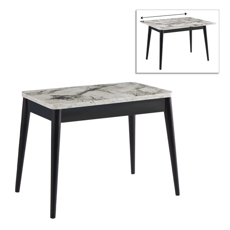 Dolunay Megapap melamine extendable table in white marble - black color 100x60(120x100)x79,5cm.