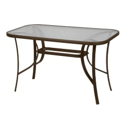Metallic garden table with tempered glass in brown color 120x70x72cm. Metallic garden table with tempered glass in brown color 120x70x72cm.