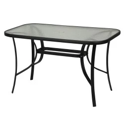 Metallic garden table with tempered glass in black color 120x70x72cm. Metallic garden table with tempered glass in black color 120x70x72cm.
