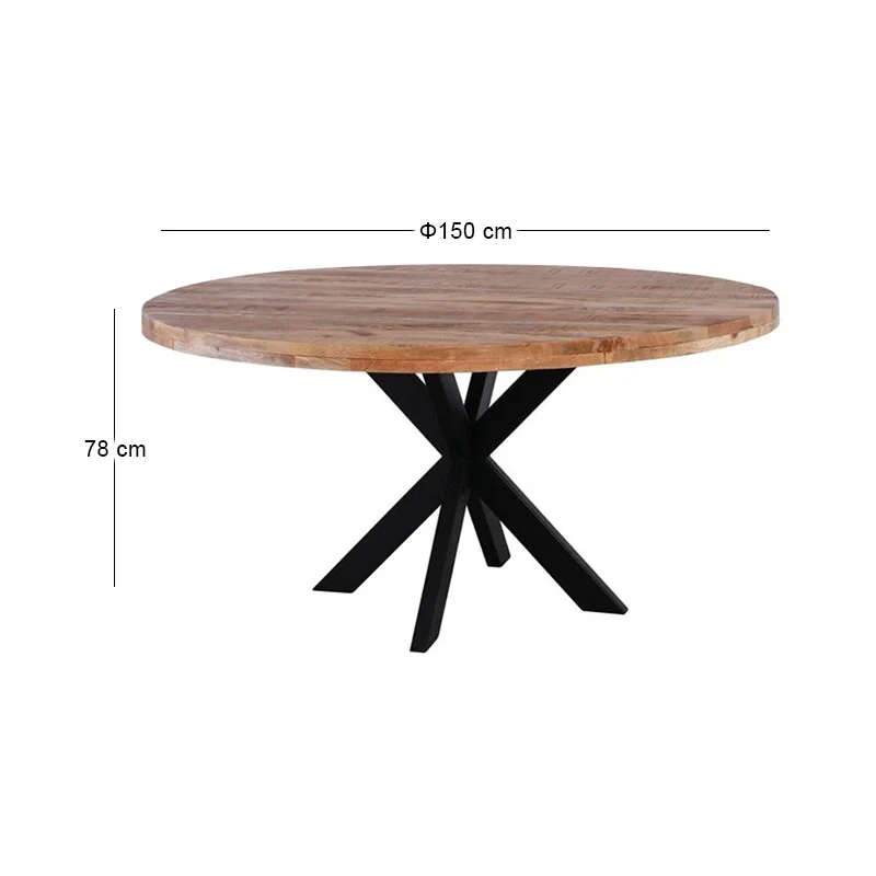 LIZARD Round Dining Table D.150x78cm Mango Natural Finish Metal Black Paint