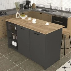 Peres Megapap melamine island kitchen cabinet in anthracite - sepet oak color 150x70x91.8cm. Peres Megapap melamine island kitchen cabinet in anthracite - sepet oak color 150x70x91.8cm.