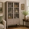 WOODEN DOUBLE SHELF WITH GLASS IN GREY COLOR 80,5X35X135CM