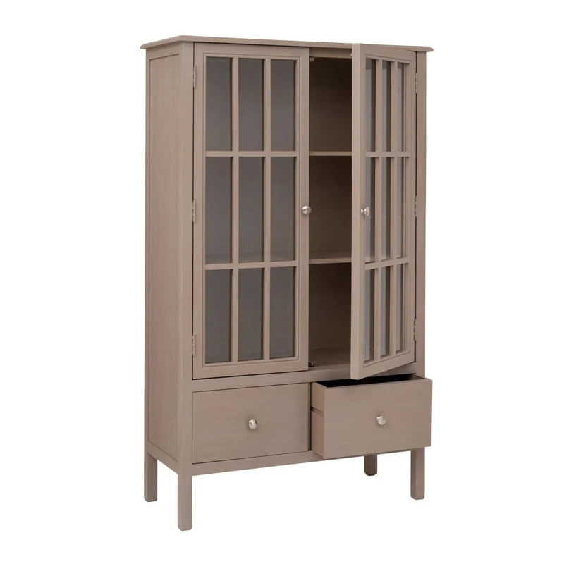 WOODEN DOUBLE SHELF WITH GLASS IN GREY COLOR 80,5X35X135CM
