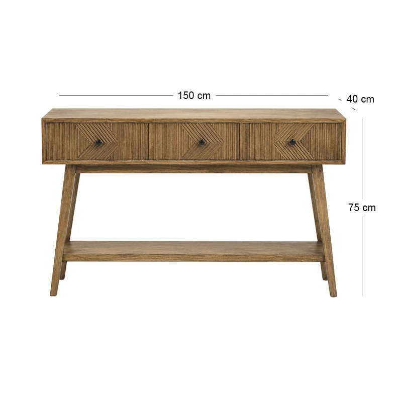 WOODEN ENTRANCE CONSOLE IN LIGHT BROWN WITH 3 DRAWERS 150X40X75CM