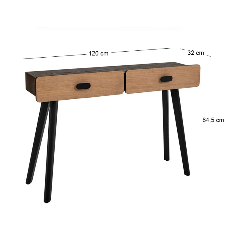 WOODEN CONSOLE WITH 2 DRAWERS AND BLACK METAL LEGS 124X32X84,5CM