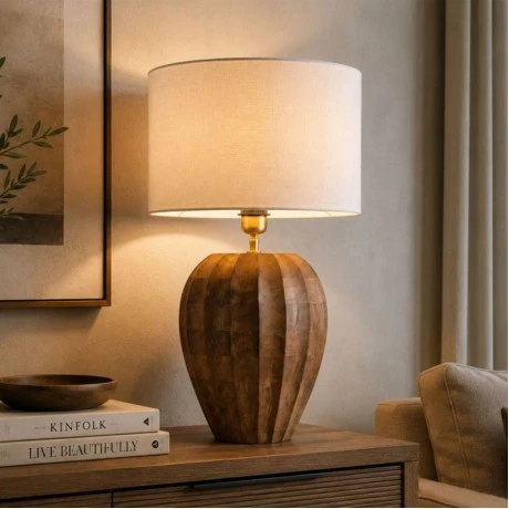 WOODEN TABLE LAMP WITH BEIGE HAT D25X43CM