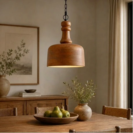 WOODEN CEILING LIGHT WITH BLACK CHAIN D28X355CM