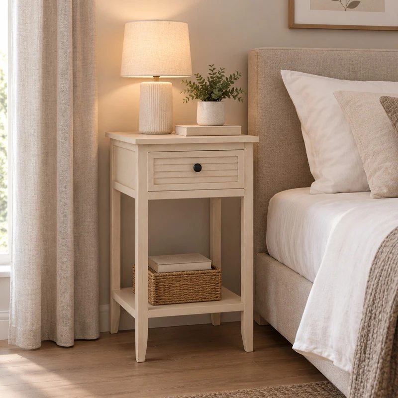 WOODEN BEDSIDE TABLE WITH 1 DRAWER IN CREAM COLOR  45X35X54CM