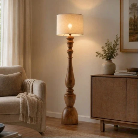 WOODEN FLOOR LAMP WITH BEIGE HAT D26X140CM