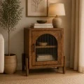 WOODEN RUSTIC BEDSIDE TABLE WITH GLASS IN THE DOOR 45X35X60CM