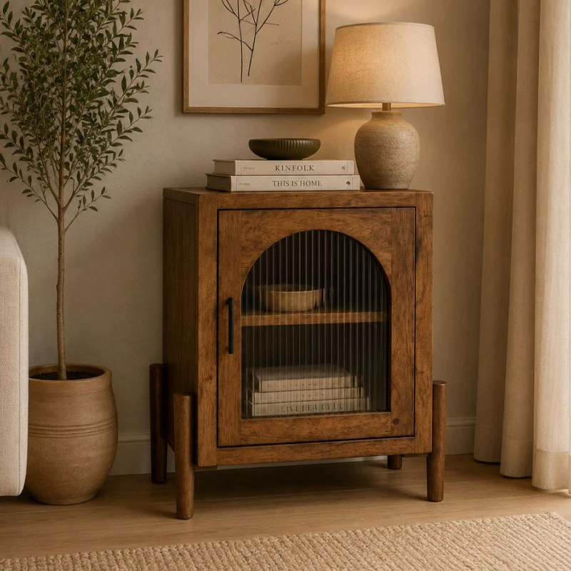 WOODEN RUSTIC BEDSIDE TABLE WITH GLASS IN THE DOOR 45X35X60CM
